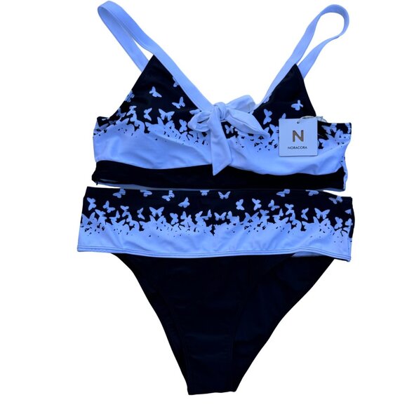 Noracora Butterfly Print Two-Piece Bikini Set Swim XXL Black & White Beach NWT - Picture 2 of 9